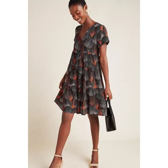 Anthropologie Maeve Harper Printed Flowing Tiered Swing Short Sleeve Tunic Dress - Picture 1 of 14